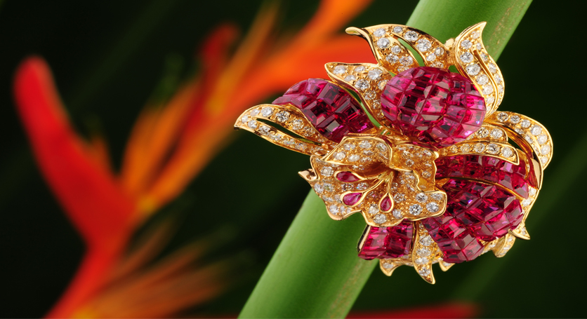 18K Yellow Gold with Ruby and Diamond Brooch