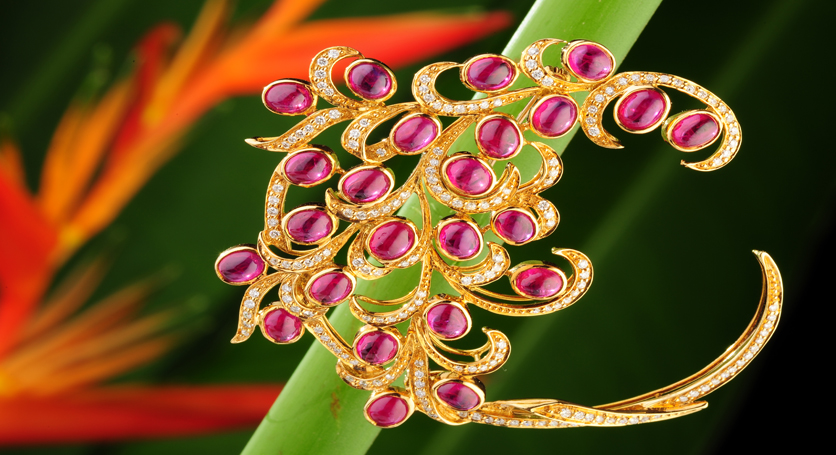 18K Yellow Gold with Ruby and Diamond Brooch