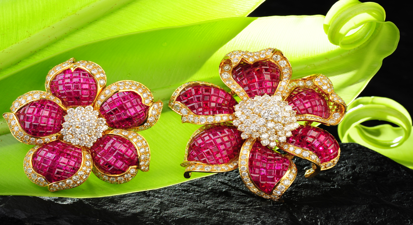 18K Yellow Gold with Ruby and Diamond Brooches