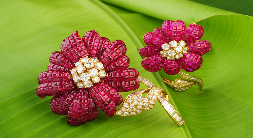 18K Yellow Gold with Ruby and Diamond Brooches