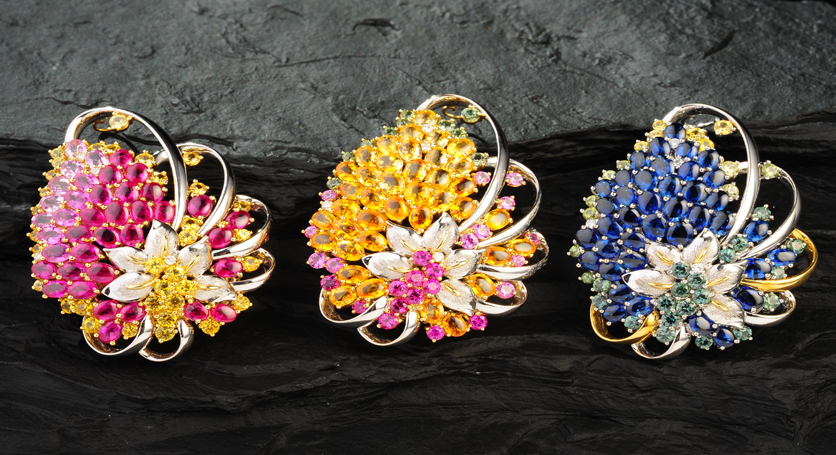 18K Yellow and White Gold with Sapphire, Ruby, Fancy Sapphire and Diamond Brooches