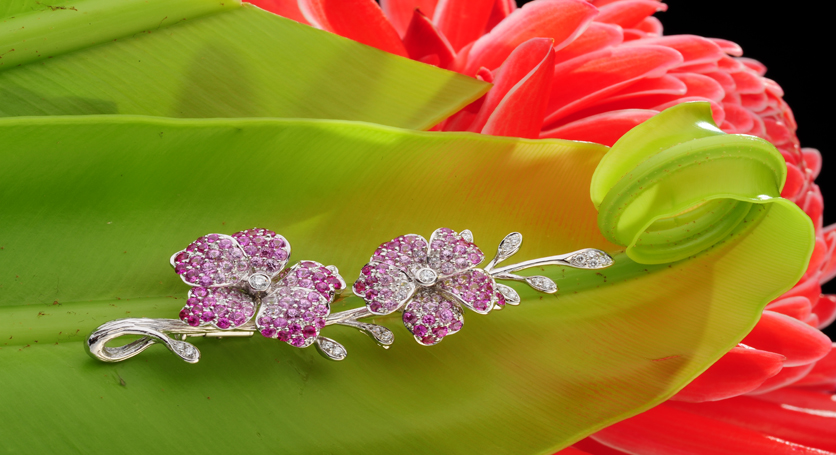18K White Gold with Ruby, Pink Sapphire and Diamond Brooch