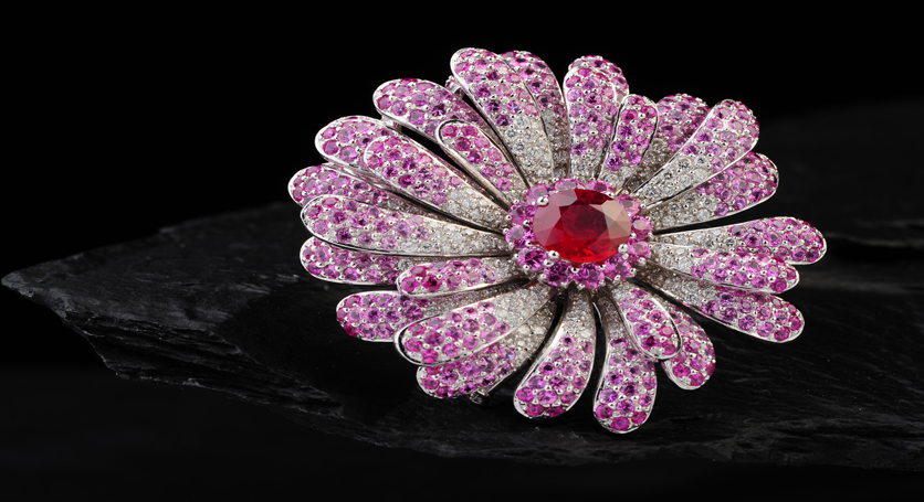 18K White Gold with Ruby, Pink Sapphire and Diamond Brooch