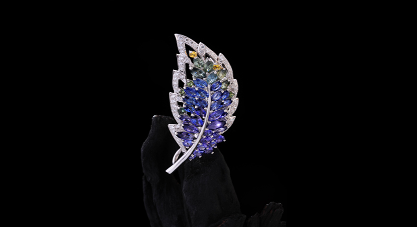 18K White Gold with Fancy Sapphire and Diamond Brooch