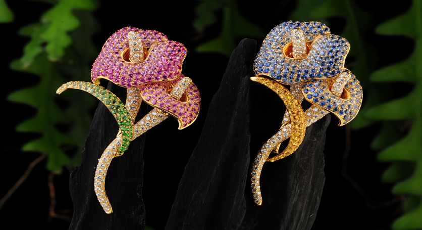 18K Gold with Pink Sapphire, Green Garnet and Diamond Brooch + 18K Gold with Sapphire, Yellow Sapphire and Diamond Brooch