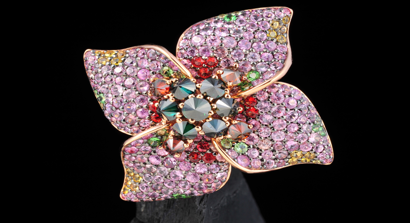 18K Pink Gold with Fancy Sapphire, Tsavorite and Diamond Brooch