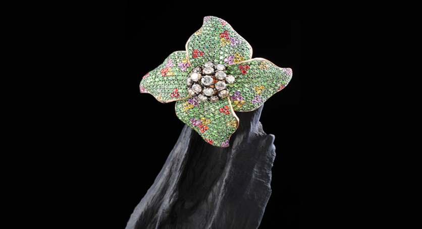 18K Pink Gold with Fancy Sapphire, Tsavorite and Diamond Brooch