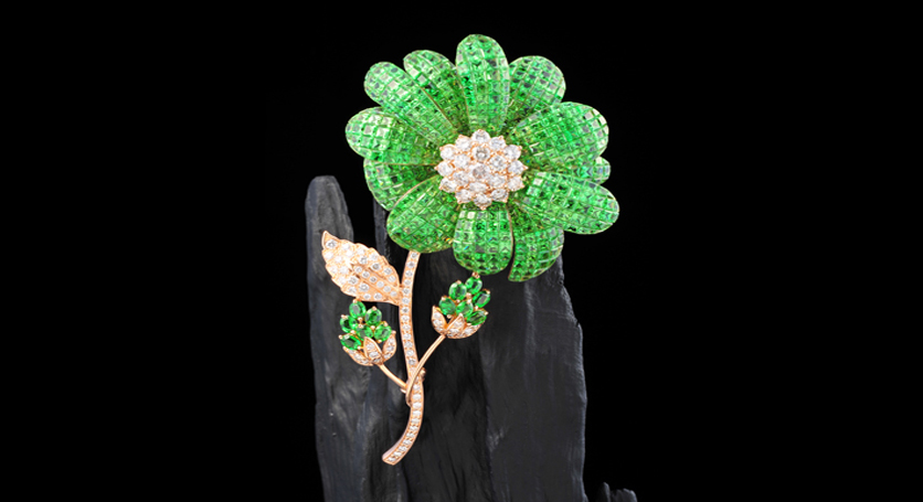 18K Pink Gold with Tsavorite and Diamond Brooch