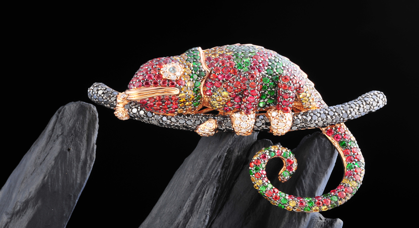 18K Pink Gold with Fancy Sapphire, Tsavorite, Black and White Diamond Brooch