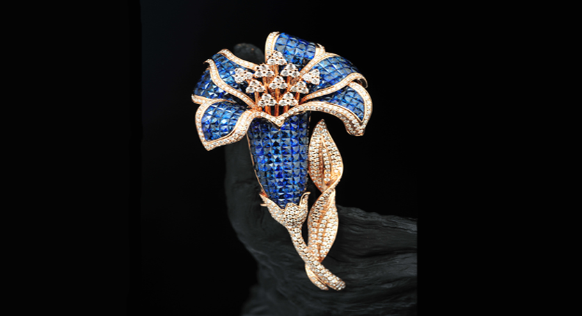 18K Pink Gold with Sapphire and Diamond Brooch