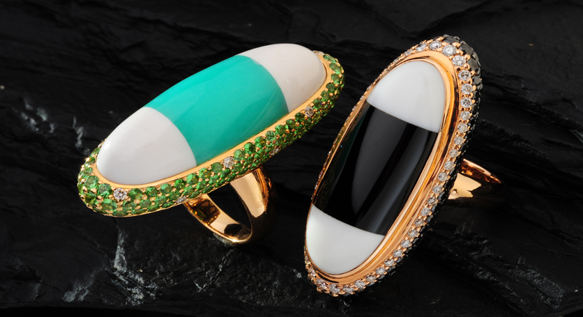 18K Gold with Chalcedony, Turquoise, Tsavorite and Diamond Ring + 18K Gold with Chalcedony, Black Spinel and Diamond Ring