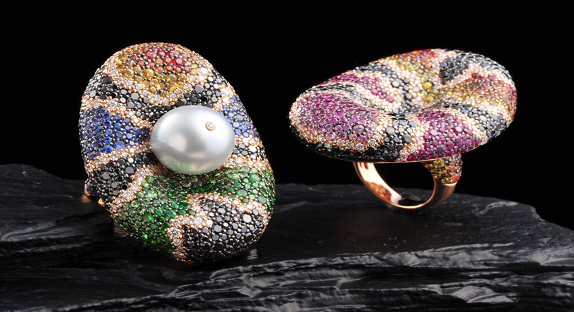 18K Yellow Gold with Southsea Pearl, Multicolor Stones and Diamond Ring + 18K Yellow Gold with Multicolor Stones and Diamond Ring