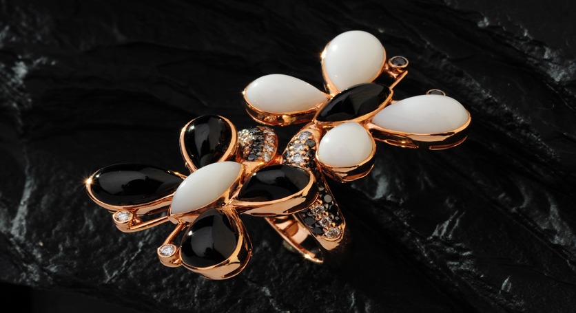 18K Yellow Gold with Chalcedony, Black Spinel and Diamond Ring