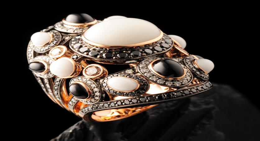 18K Yellow Gold with Chalcedony, Black Spinel and Diamond Ring