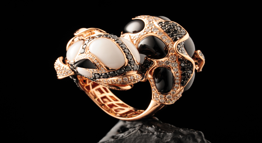 18K Yellow Gold with Chalcedony, Black Spinel and Diamond Ring