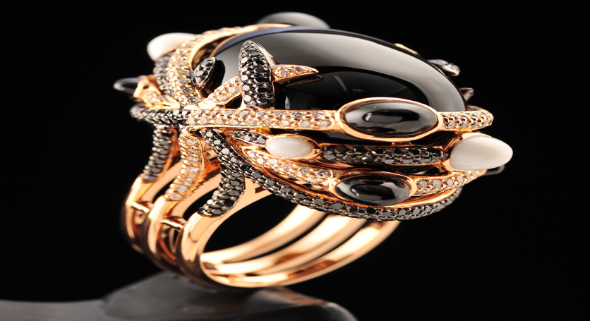 18K Yellow Gold with Chalcedony, Black Spinel and Diamond Ring