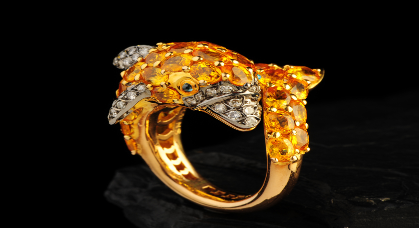 18K Yellow Gold with Multicolor Stones and Diamond Ring