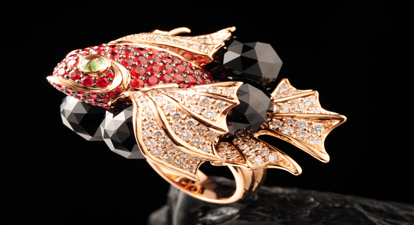 18K Yellow Gold with Multicolor Stones and Diamond Ring