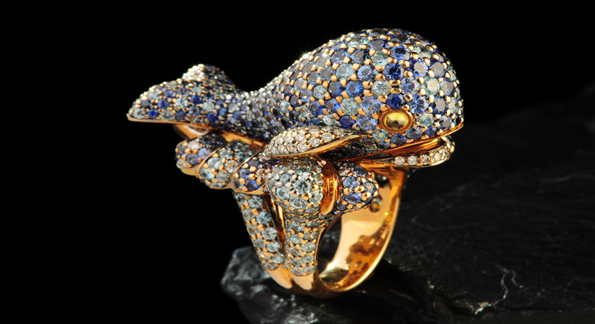 18K Yellow Gold with Sapphire, Yellow Sapphire, Blue Zircon and Diamond Ring