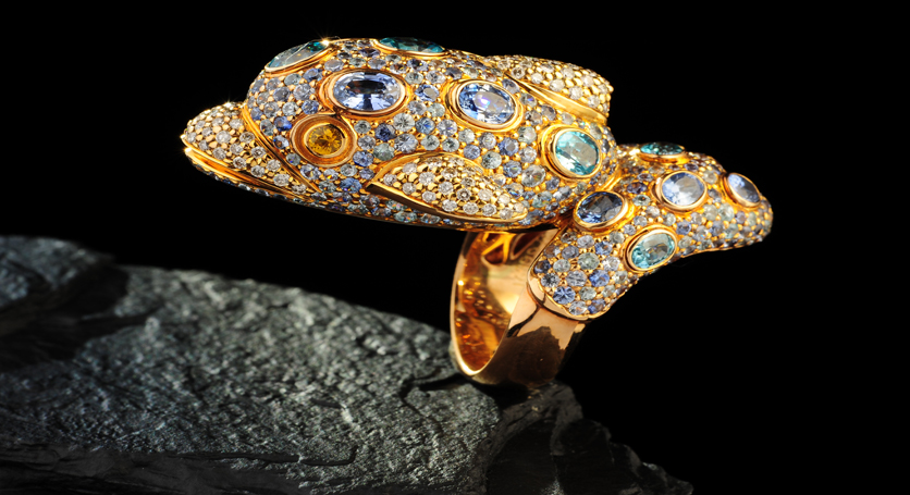 18K Yellow Gold with Multicolor Stones and Diamond Ring