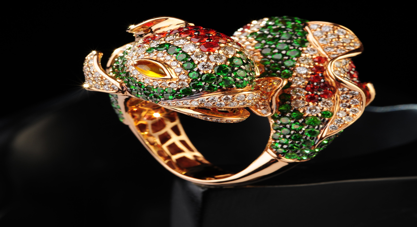 18K Yellow Gold with Multicolor Stones and Diamond Ring