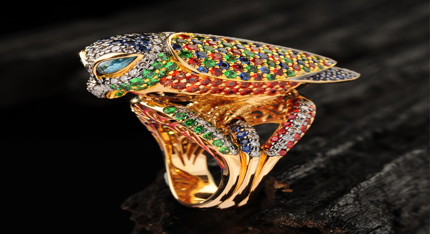18K Yellow Gold with Multicolor Stones and Diamond Ring