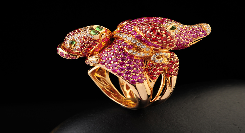 18K Yellow Gold with Multicolor Stones and Diamond Ring