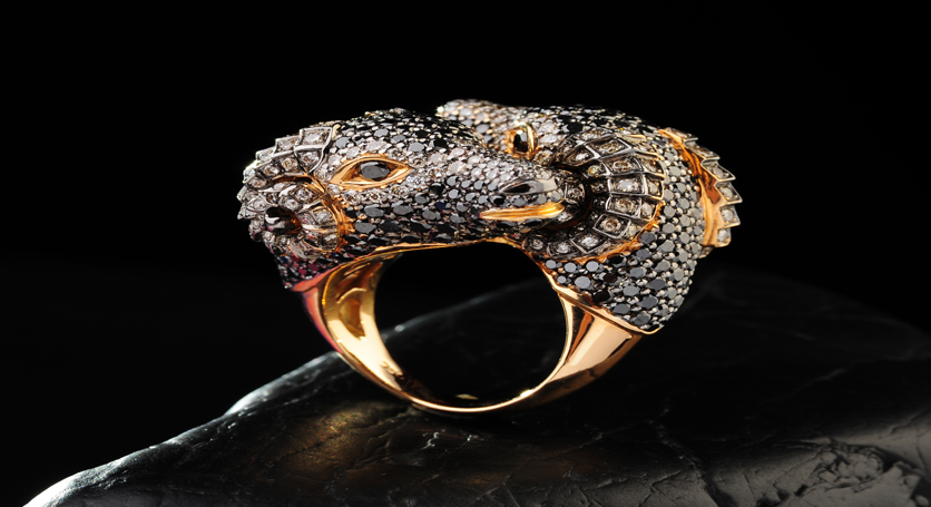 18K Yellow Gold with Black and White Diamond Ring