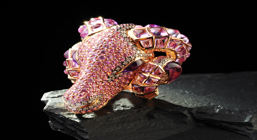 18K Yellow Gold with Pink Sapphire, Amethyst and Diamond Ring