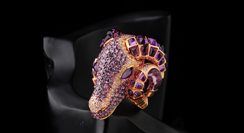 18K Yellow Gold with Pink Sapphire, Amethyst and Diamond Ring
