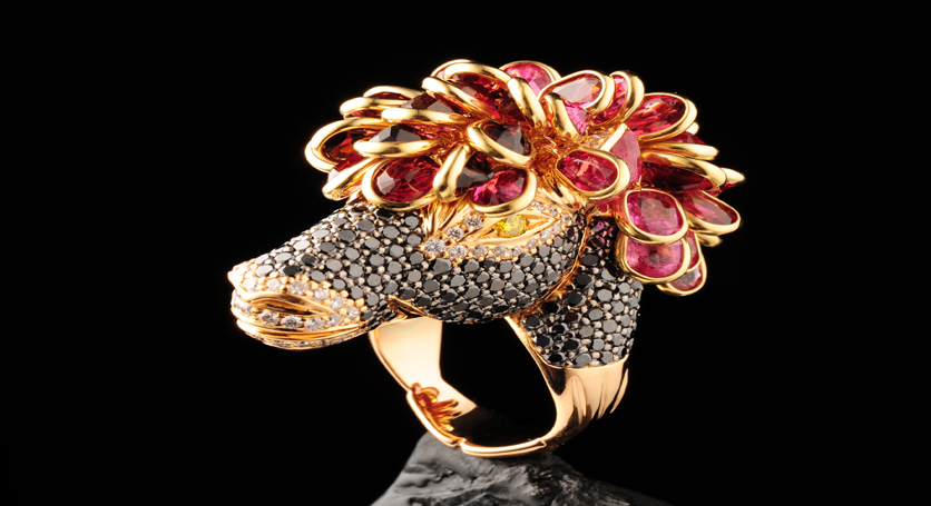 18K Yellow Gold with Pink Tourmarine and Diamond Ring