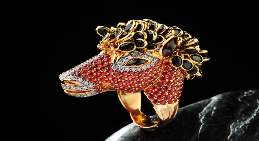 18K Yellow Gold with Multicolor Stones and Diamond Ring