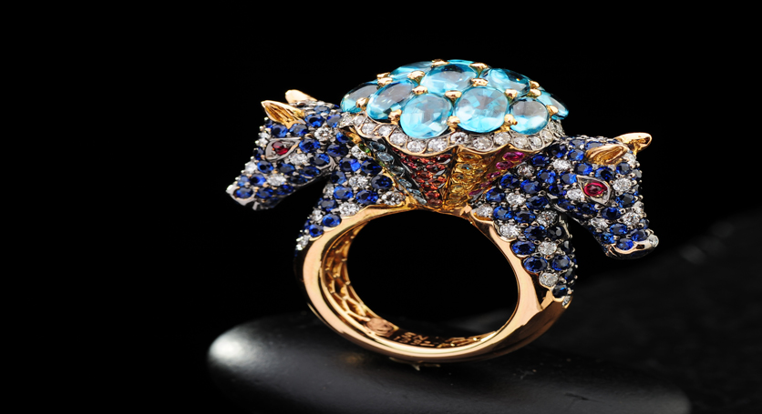 18K Yellow Gold with Multicolor Stones and Diamond Ring