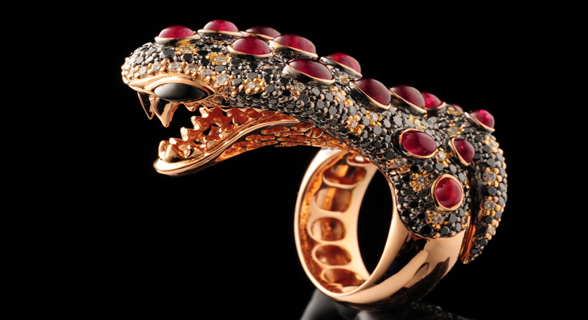 18K Yellow Gold with Ruby, Black and White Diamond Ring