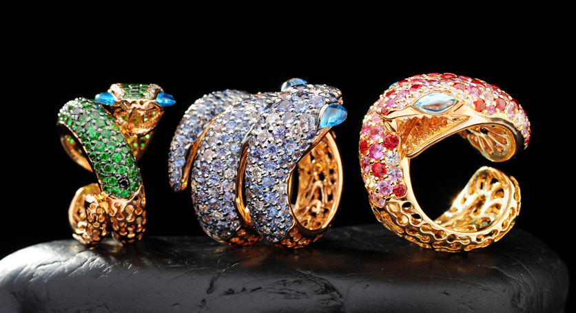 18K Yellow Gold with Multicolor Stones and Diamond Rings