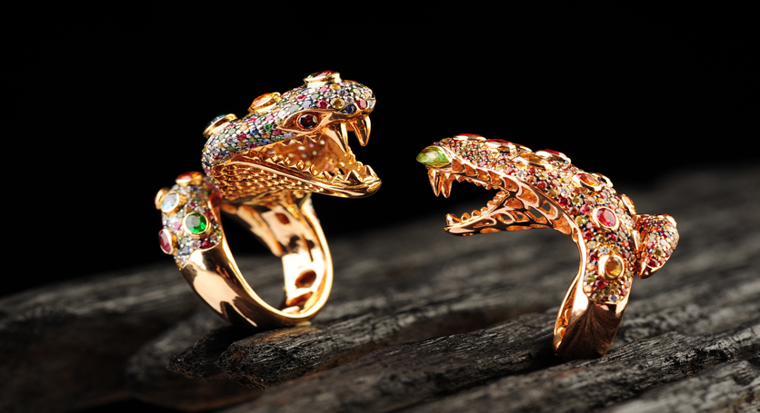 18K Yellow Gold with Multicolor Stones and Diamond Rings