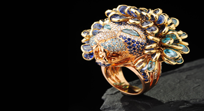 18K Yellow Gold with Multicolor Stones and Diamond Ring