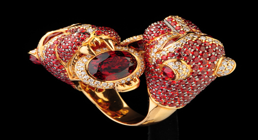 18K Yellow Gold with Multicolor Stones and Diamond Ring
