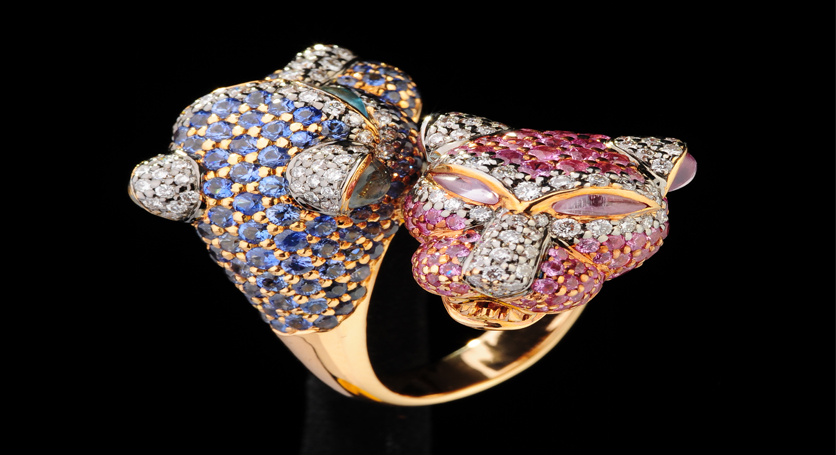 18K Yellow Gold with Multicolor Stones and Diamond Ring
