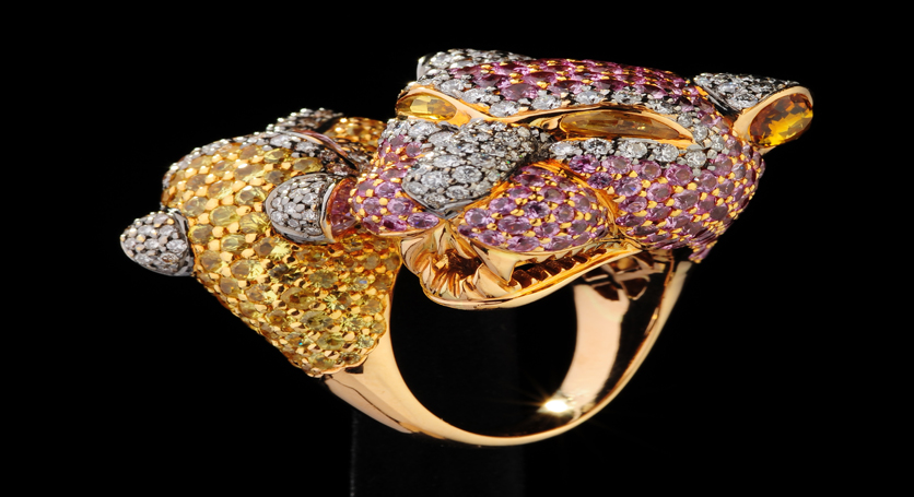 18K Yellow Gold with Multicolor Stones and Diamond Ring