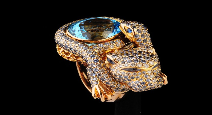18K Yellow Gold with Sapphire, Blue Topaz and Diamond Ring