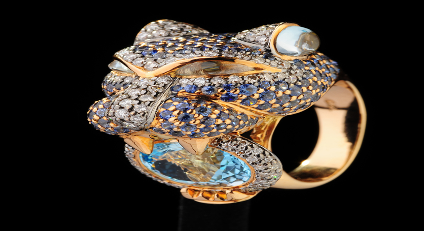 18K Yellow Gold with Multicolor Stones and Diamond Ring