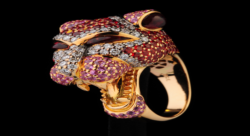 18K Yellow Gold with Multicolor Stones and Diamond Ring