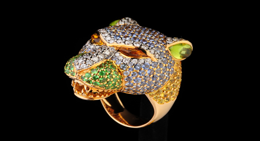 18K Yellow Gold with Multicolor Stones and Diamond Ring