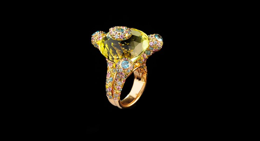 18K Yellow Gold with Multicolor Stones and Diamond Ring