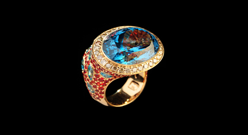 18K Yellow Gold with Multicolor Stones and Diamond Ring
