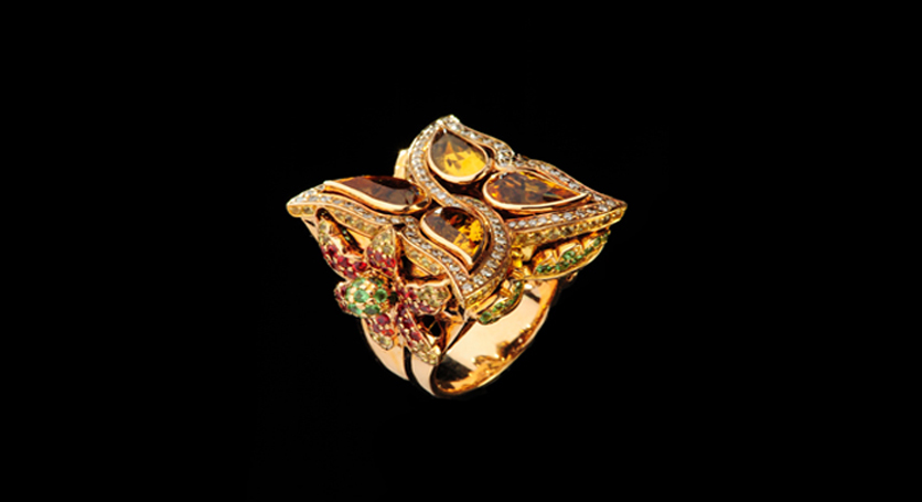 18K Yellow Gold with Multicolor Stones and Diamond Ring
