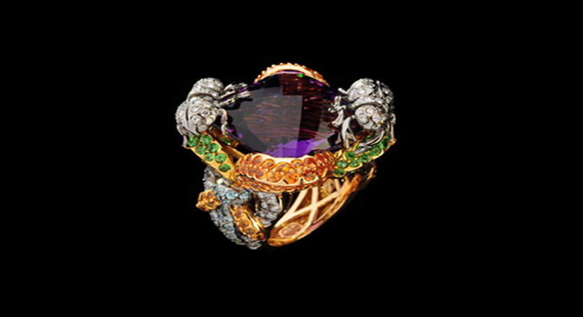 18K Yellow Gold with Multicolor Stones and Diamond Ring