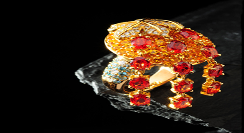 18K Yellow Gold with Multicolor Stones and Diamond Ring