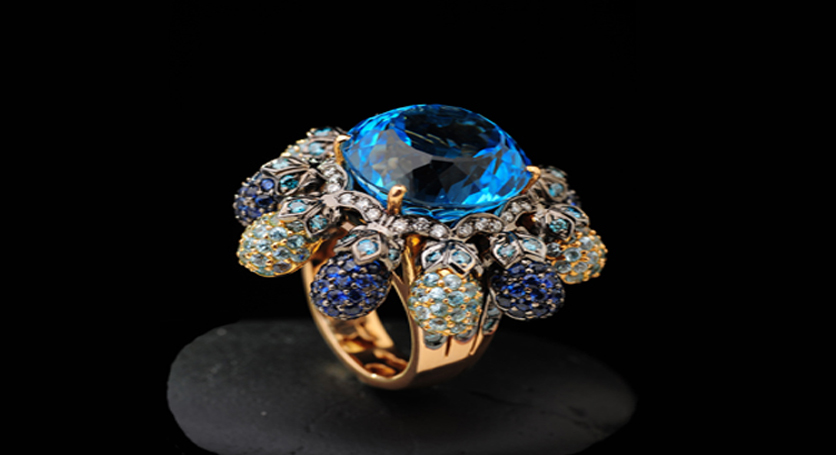 18K Yellow Gold with Multicolor Stones and Diamond Ring